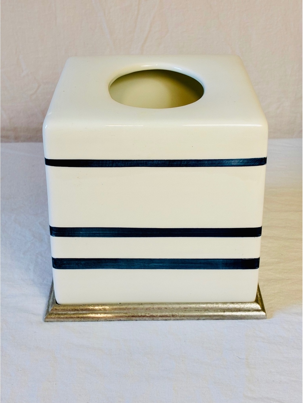 Nautica Ceramic Tissue Box Cover with Blue Stripes and Silver Base